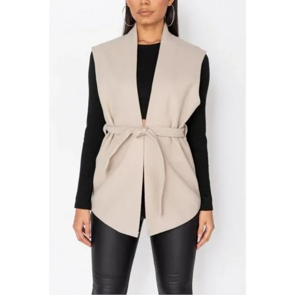 Beige Wool Blend Sleeveless Belted Vest Blazer Jacket - Picture 10 of 11